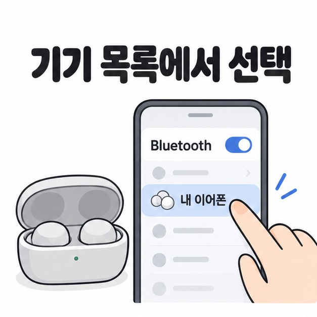 기기 목록에서 선택 제목 아래 휴대전화 Bluetooth 목록의 내 이어폰 항목을 누르는 손과 충전 케이스