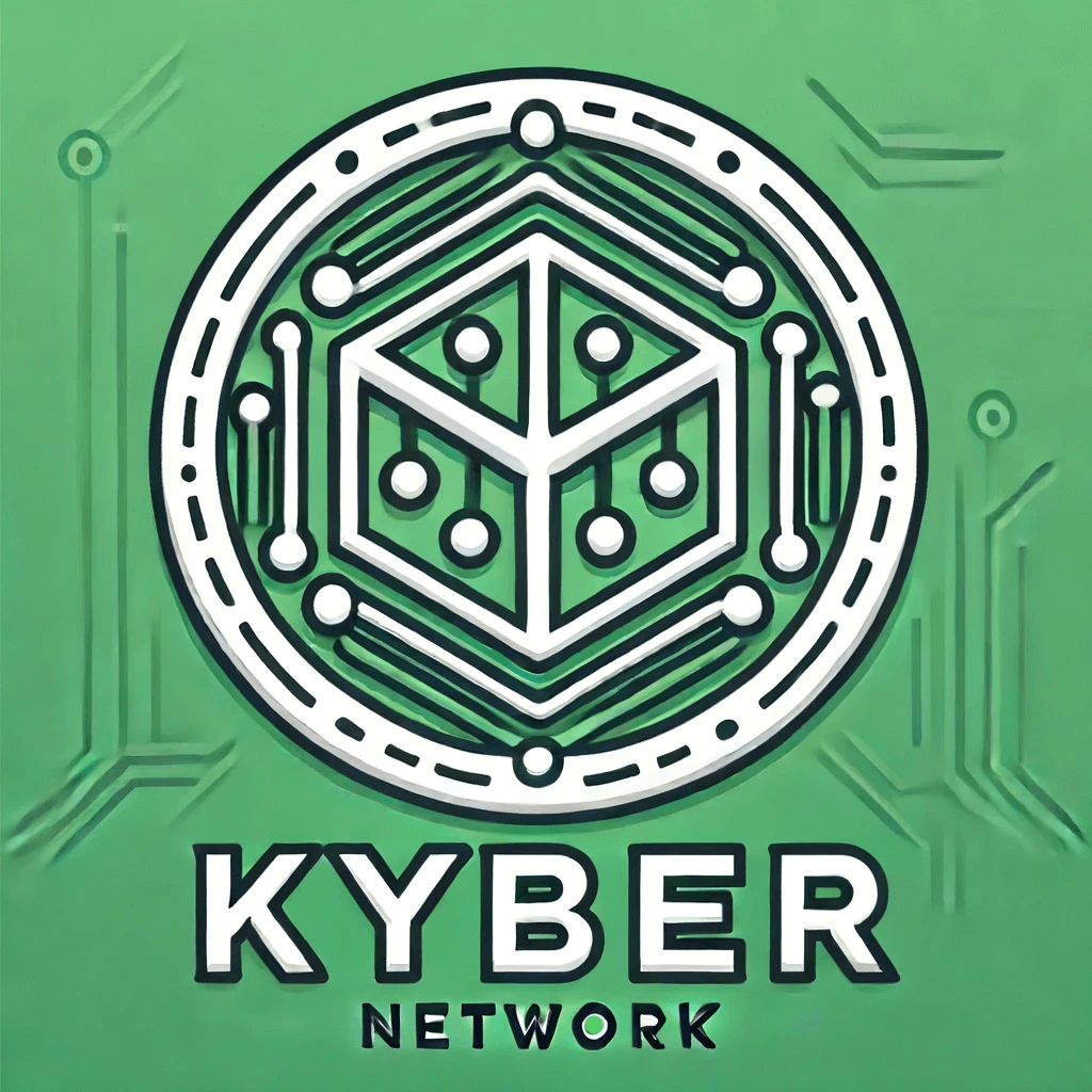 카이버 네트워크 로고 초록색 바탕에 하얀색 둥근 테두리가 가온데 있다. 여러가지 상징석 점과 선으로 연결된 하얀선들이 많다.