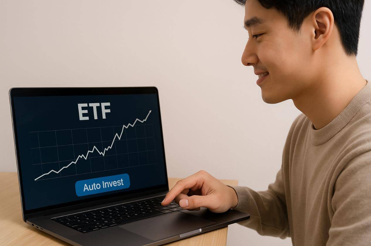 남성이 노트북 화면의 ETF 자동 투자 상승 그래프를 확인함.