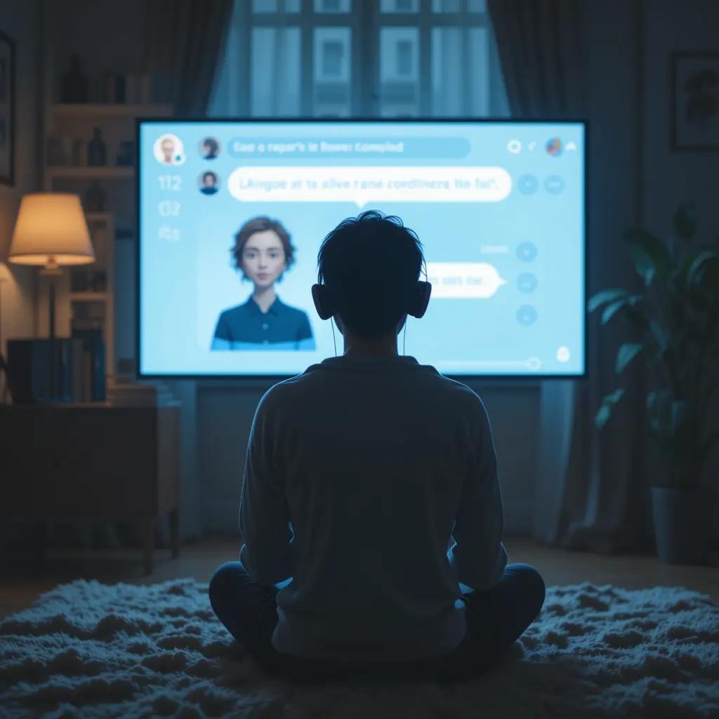 화면 속 가상 AI 친구와 대화하는 사람