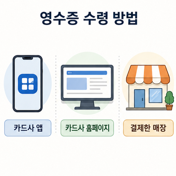 카드사 앱과 홈페이지, 결제한 매장에서 카드 영수증을 다시 확인하는 방법을 비교한 이미지