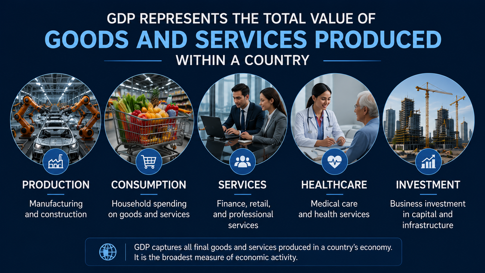 GDP representing production consumption services healthcare and investment sectors