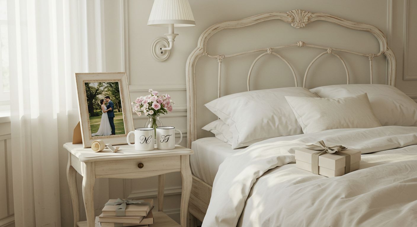 커플 머그, 웨딩 사진, 침대 위 선물상자가 놓인 신혼부부 방의 감성 일러스트 (신혼집선물, 신부입주선물)