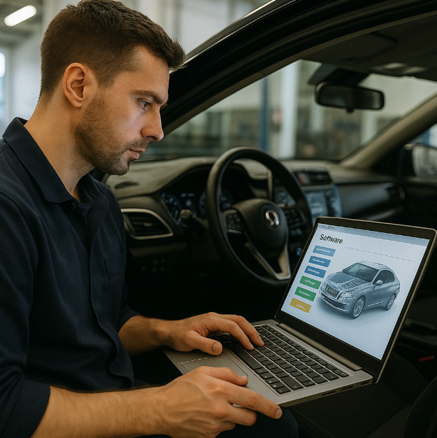 자동차 소프트웨어 정비하는 사진