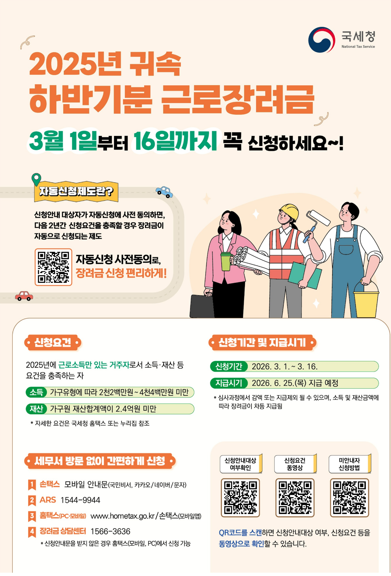 2025년 귀속 하반기분 근로장려금 신청 안내 포스터. 신청 기간은 2026년 3월 1일부터 16일까지이며, 6월 말 지급 예정입니다. 자동신청 제도 안내와 함께 장려금 신청 자격 요건(소득 및 재산 기준)이 상세히 설명되어 있습니다. 국세청 제공.