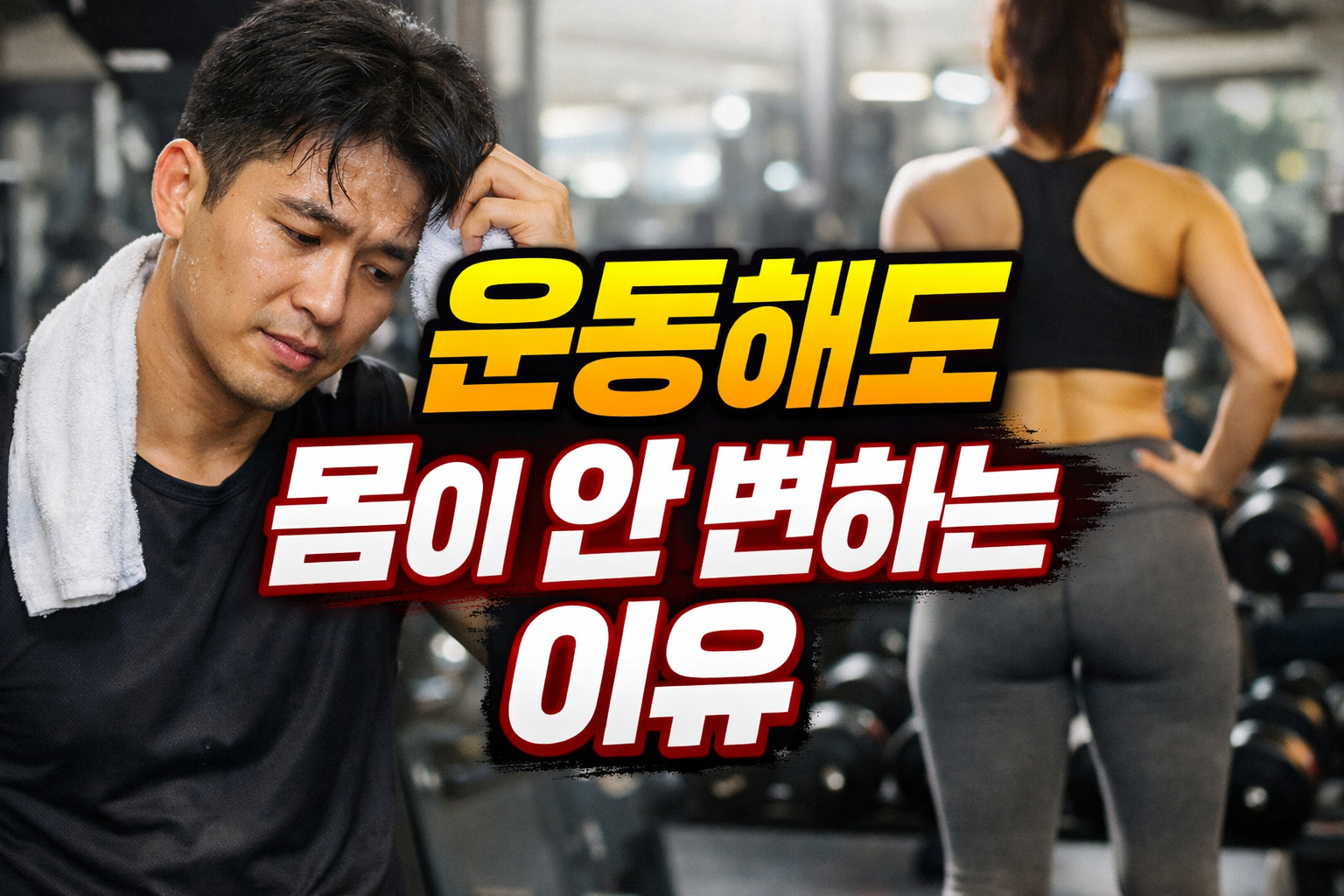 운동을 꾸준히 하는데도 몸 변화가 없는 이유를 고민하는 남성과 체형 변화를 확인하는 여성의 대비 이미지