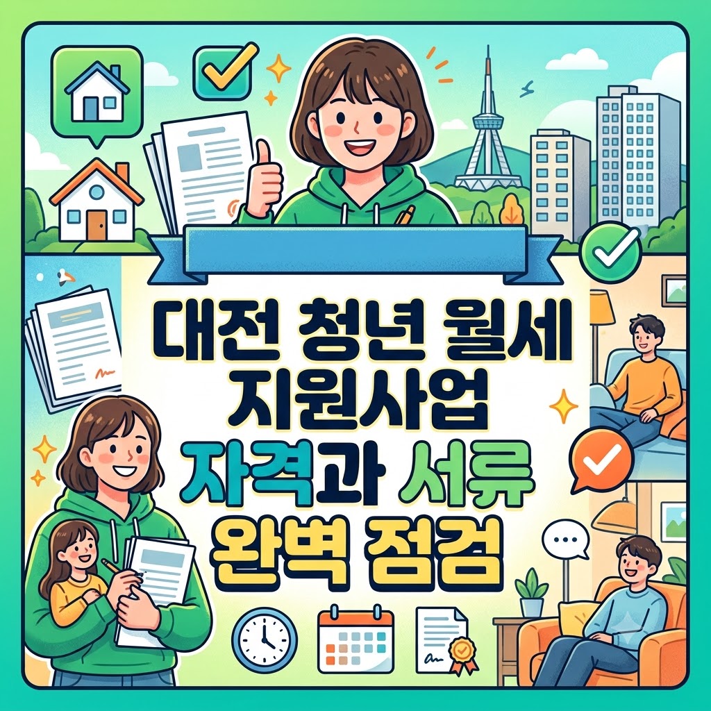 '대전 청년 월세 지원사업 자격과 서류 완벽 점검' 문구와 서류를 든 청년 일러스트가 포함된 정사각형 정보성 썸네일 이미지