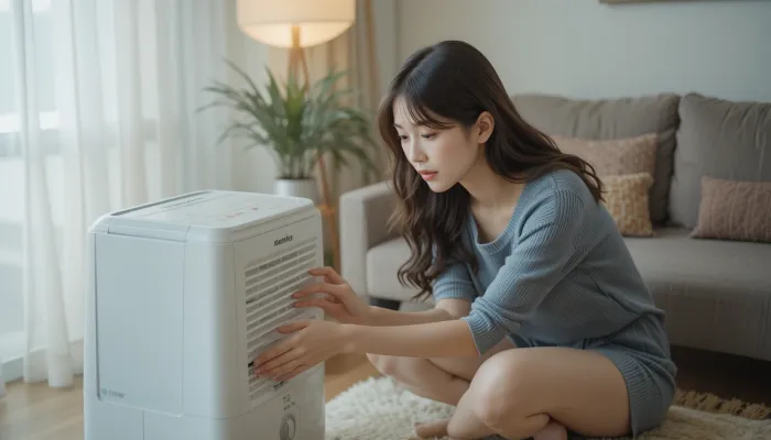 거실에서 제습기를 조절하며 여름철 건강 습도 관리하는 한국인 여성