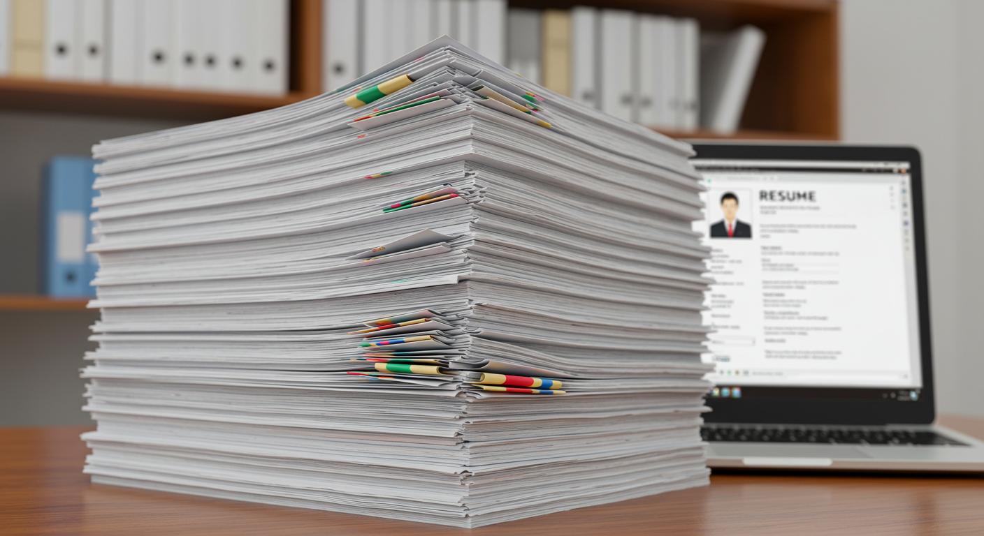 The paper tower with certificates next to laptop