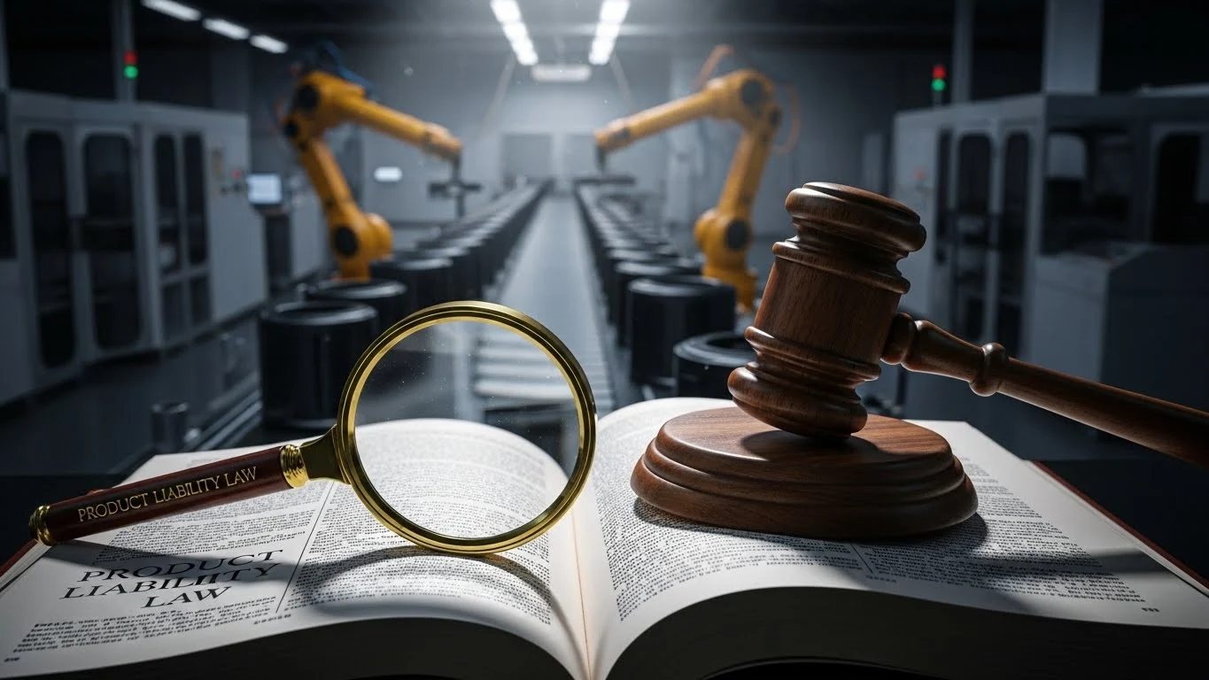 제조물 책임법 법규 해설을 상징하는 법전과 돋보기, 그리고 공장 생산 라인. 기업의 제조물 책임 리스크 관리의 중요성을 나타내는 이미지.