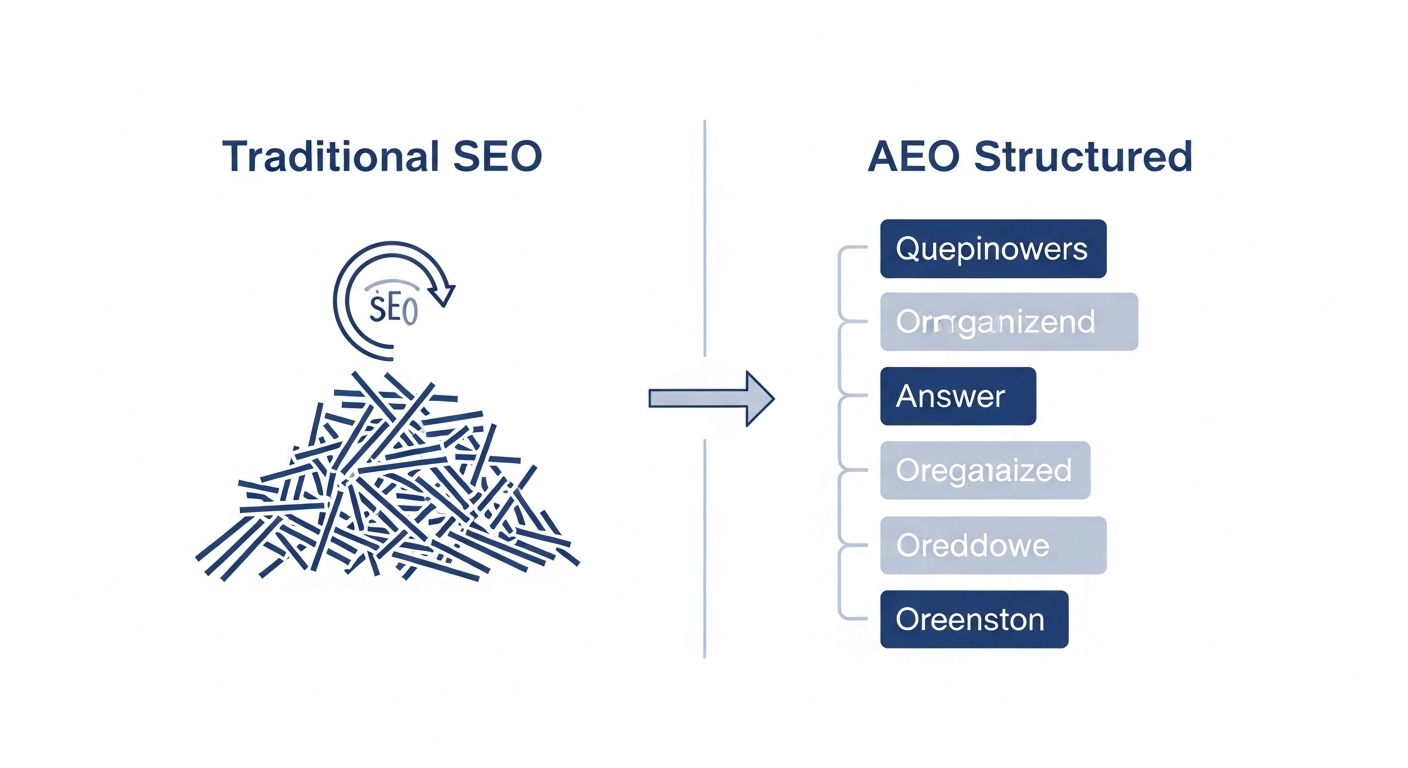 전통적인 SEO와 AEO 글쓰기 구조의 차이점을 시각적으로 비교한 이미지