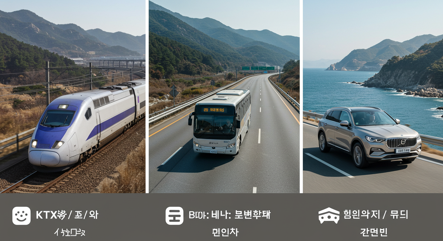 KTX, 시외버스, 자가용 세 가지 교통수단 비교 이미지.