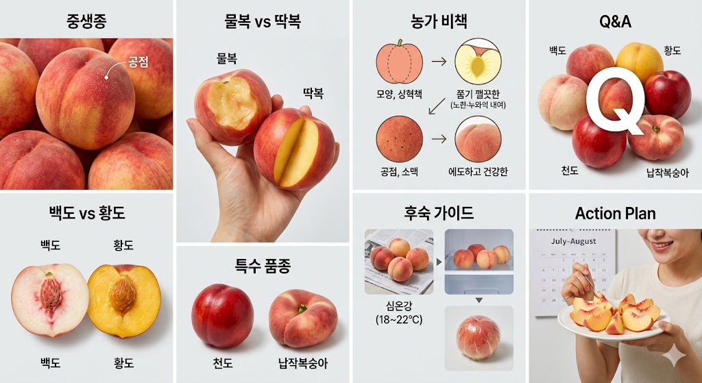 복숭아의 종류, 선별 비책, 후숙 가이드, Q&amp;A 등을 직관적인 사진과 일러스트로 정리한 블로그 본문용 인포그래픽 이미지.