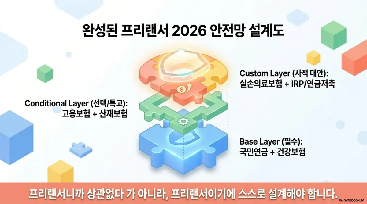 프리랜서 4대보험: 완성된 프리랜서 2026 안전망 설계도를 3단 레이어 구조로 보여주는 이미지. 필수 기반으로 국민연금과 건강보험 조건부 레이어로 고용보험과 산재보험 사적 대안 레이어로 실손의료보험과 IRP 연금저축을 배치하고 프리랜서이기에 스스로 설계해야 한다는 핵심 메시지를 시각적으로 전달하며 블로그의 프리랜서 4대보험 총정리 결론과 관련된 내용을 설명함