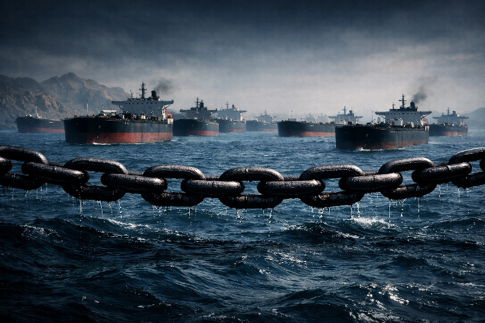 호르무즈 해협의 물리적 봉쇄와 멈춰 선 글로벌 유조선들의 모습.