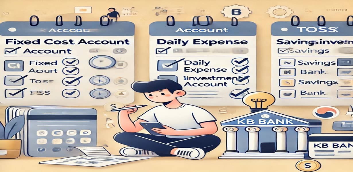 사회초년생이 은행 앱을 비교하며 통장 구조를 설정하고 있는 장면