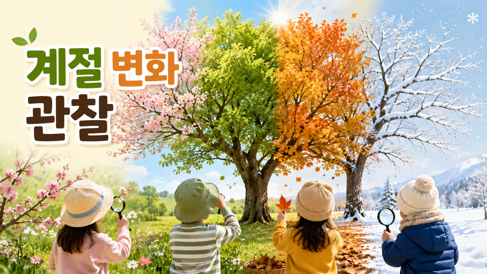 사계절에 따라 변화하는 나무와 자연환경을 관찰하는 유아 교육 활동을 표현한 이미지