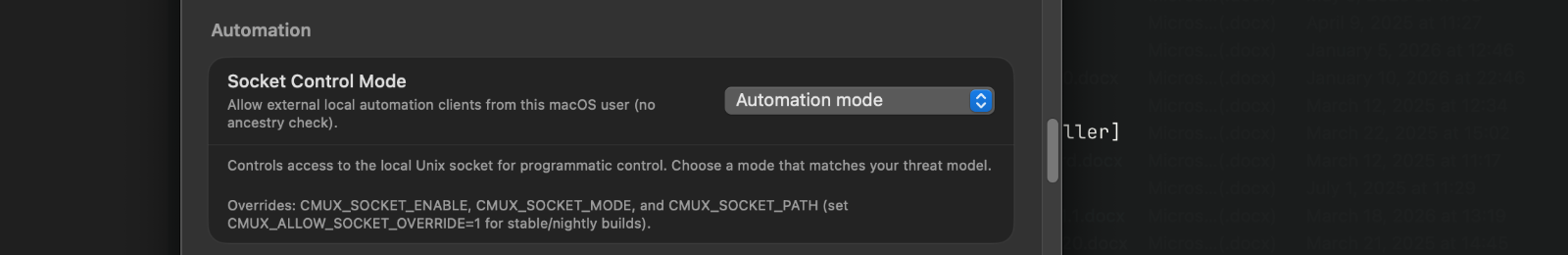환경설정 UI에서 Socket Control Mode를 변경할 수 있습니다.