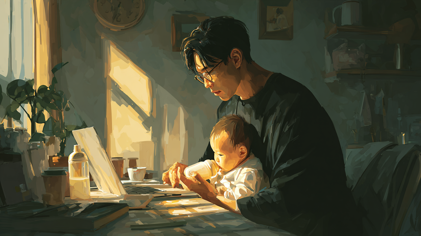 육아를 하며 재택근무하는 남성