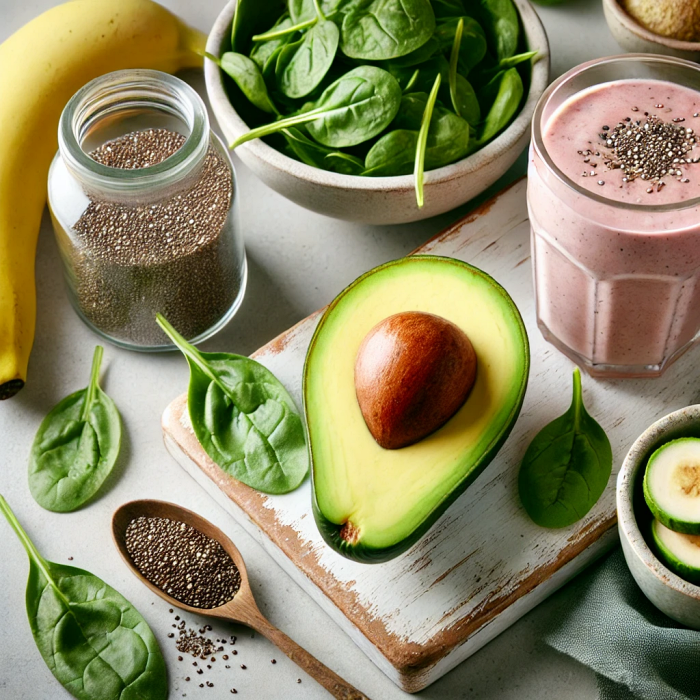 반으로 잘린 아보카도와 스무디 재료가 놓인 주방 이미지.