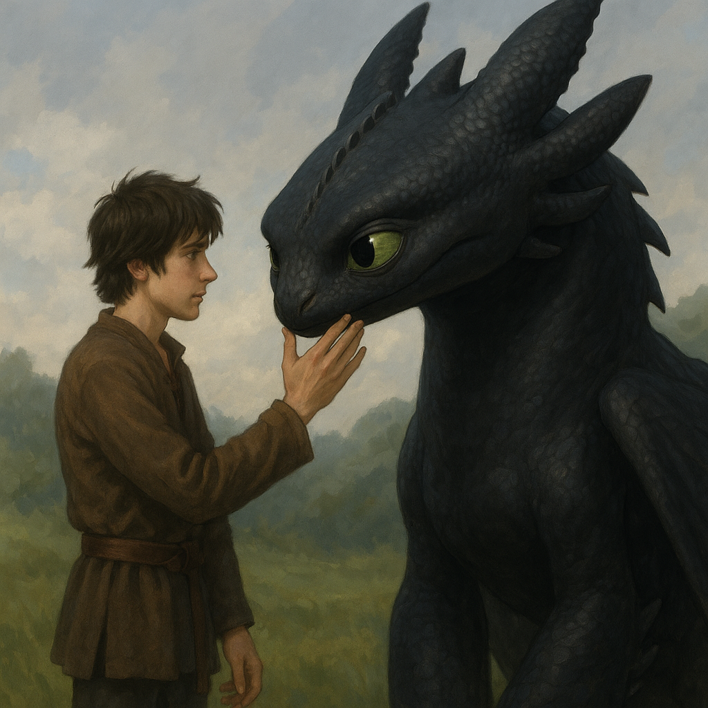 검은색 용을 길들이고 있는 사람의 모습