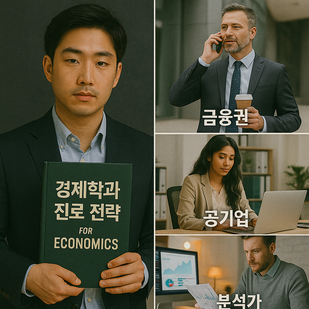 경제학과 진로 전략을 주제로 금융권, 공기업, 분석가 분야의 전문가들이 각각의 직무 환경에서 일하는 모습을 담은 이미지. 중심에는 '경제학과 진로 전략'이라는 한글 책을 든 남성이 서 있다