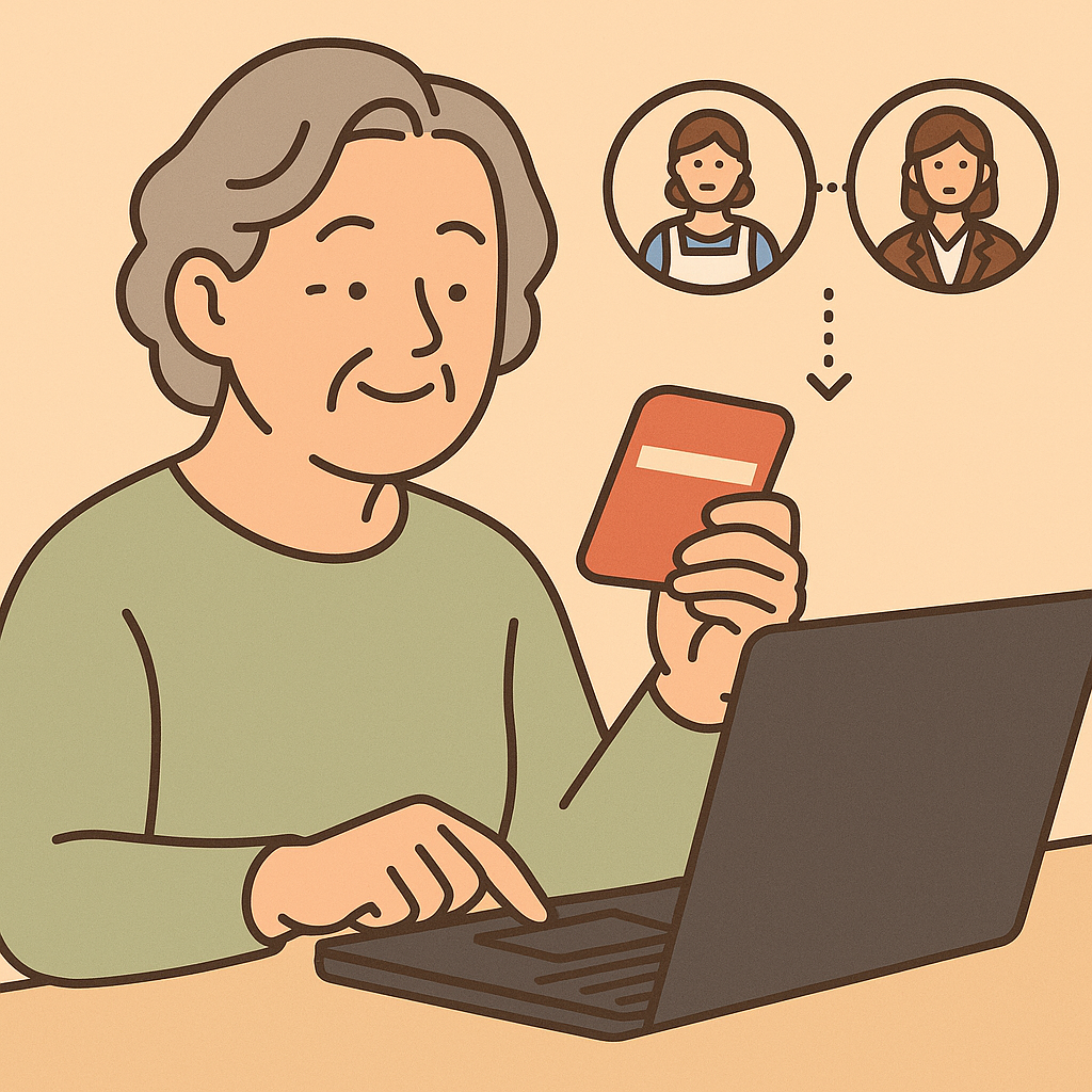 일러스트: 베이지 배경 앞 노트북에 손을 얹은 중장년 여성이 빨간 바우처 카드를 들고 미소 지으며 화면을 바라보고 있다. 오른쪽 위에는 요양보호사와 사회복지사 아이콘이 카드에서 화살표로 연결된 형태로 떠 있다.