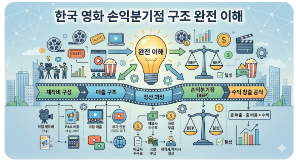 한국 영화 손익분기점 구조를 알기 쉽게 설명하는 종합 분석 이미지입니다. 이미지 맨 위에는 '한국 영화 손익분기점 구조 완전 이해'라는 한국어 제목이 선명하게 새겨져 있습니다. 중앙에는 방패 모양의 'D' 로고가 새겨진 지구본과 이를 둘러싼 거대한 톱니바퀴가 배치되어 있으며, '억제의 유형과 사례'라는 한국어 텍스트가 그 위에 위치합니다. 지구본 아래로는 '핵 억제' (핵미사일과 소형 핵 상징 아이콘), '비핵 억제' (탱크와 드론 아이콘), '확장 억제' (미국 국기 방패와 보호받는 작은 방패 아이콘)가 각각의 설명과 함께 아이콘으로 나열되어 있습니다. 지구본 왼쪽으로는 '억제의 핵심 요소'가 세 개의 작은 톱니바퀴 형태로 서로 연결되어 나열됩니다. 맨 위에는 '억제의 핵심 요소'라는 큰 제목이 있고, 그 아래로 '보복 능력' (트럭 탑재 미사일 아이콘), '신뢰성' (악수와 악수 위에 놓인 열쇠 아이콘), '전달' (위성 안테나와 파동 아이콘)이 톱니바퀴 속에 그려져 있습니다. 이 영역 아래에는 '이 세 요소가 결합될 때 비로소 작동함'이라는 한국어 텍스트가 배치되어 있습니다. 지구본 오른쪽으로는 '현대 안보에서의 중요성'이 세 개의 스택형 블록으로 나열됩니다. 맨 위에는 '현대 안보에서의 중요성'라는 큰 제목이 있고, 그 아래로 '전쟁 예방' (평화의 비둘기와 평화 상징 아이콘), '지역적 안정 유지' (균형 저울과 지도 아이콘), '동맹 신뢰 강화' (연결된 국기 방패와 linked hands 아이콘)가 각각의 설명과 함께 아이콘으로 배치되어 있습니다. 배경으로는 왼쪽에는 고대 신전과 같은 고전적인 건축물이, 오른쪽에는 현대적인 고층 빌딩과 디지털 네트워크 패턴이 그려져 있어 안보 전략의 역사와 현대적 복잡성을 상징합니다. 전체적으로는 푸른색과 금색, 회색이 어우러진 깨끗하고 전문적인 느낌의 디지털 일러스트레이션으로, 억제전략의 복잡한 구성 요소와 유형, 그리고 현대 안보에서의 다각적인 중요성을 한눈에 파악할 수 있도록 구성되어 있습니다.