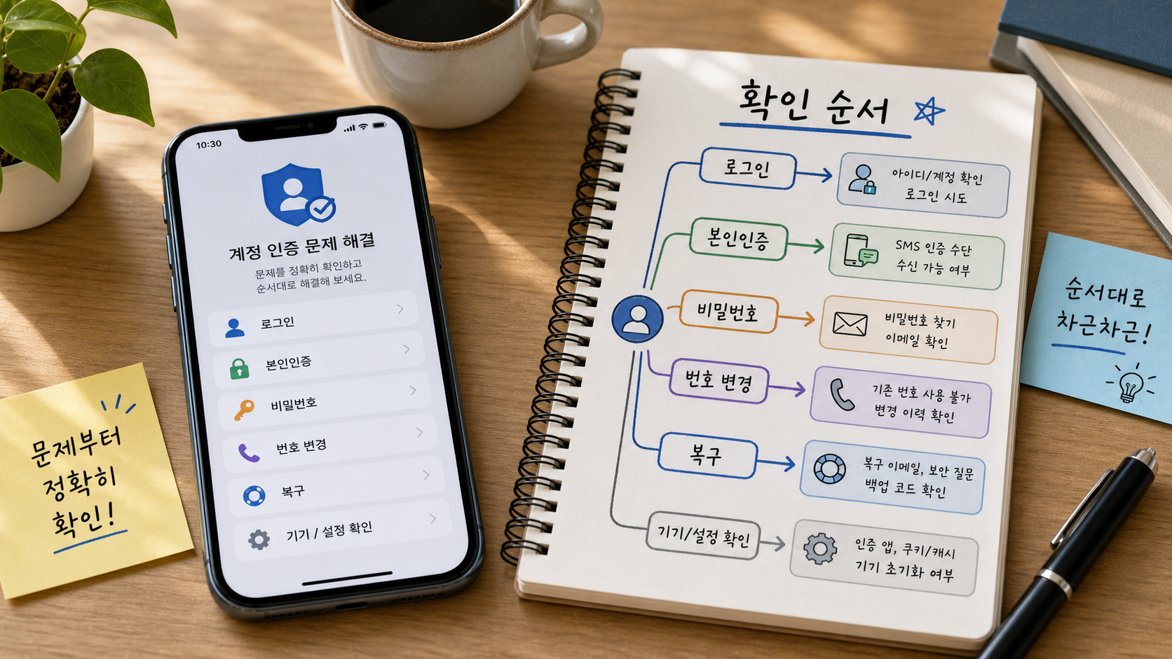 계정 인증 문제를 로그인 본인인증 비밀번호 번호 변경 복구 준비로 나누는 대표 이미지
