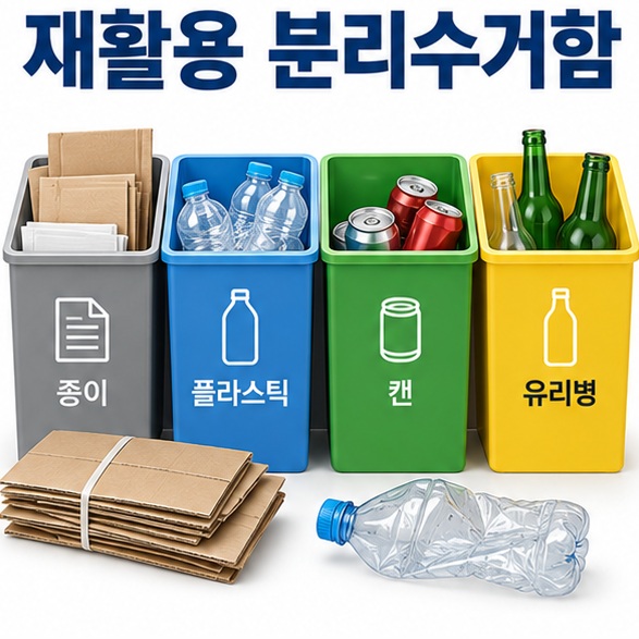 재활용 분리수거함 문구와 종이 플라스틱 캔 유리병 수거함을 정돈해 보여주는 대표 인포그래픽