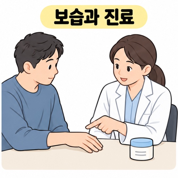 보습과 진료 제목 아래 보습제 용기가 놓인 책상에서 의료진에게 손을 보여 주며 상담하는 남성