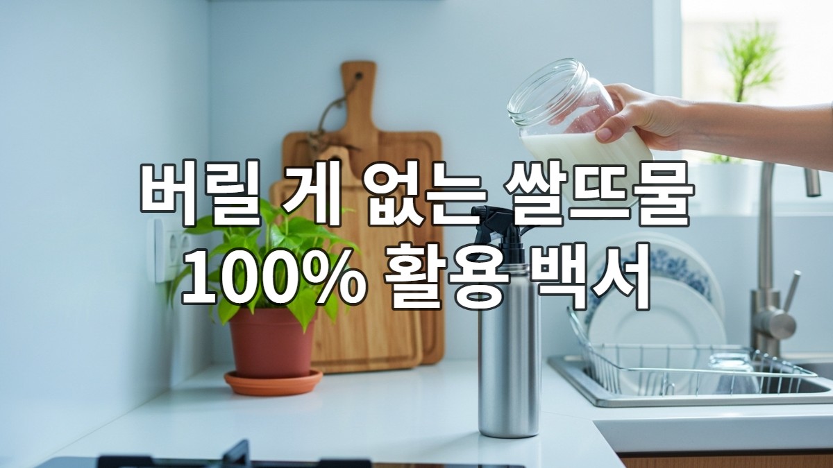 스마트한 주부가 쌀뜨물을 유리병에 담아 다용도로 활용하는 모습. 주방은 깔끔하고 친환경적인 분위기입니다.