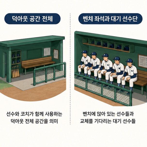 선수단이 머무는 전체 공간인 덕아웃과 그 안의 좌석이나 대기 선수단을 뜻하는 벤치를 비교하는 그림
