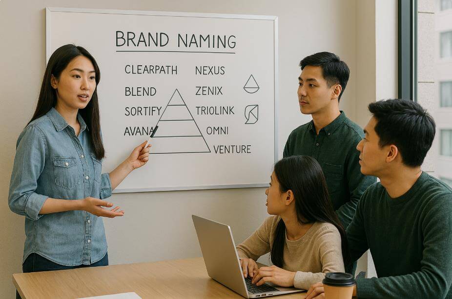 상표 네이밍 아이디어를 논의하는 스타트업 팀