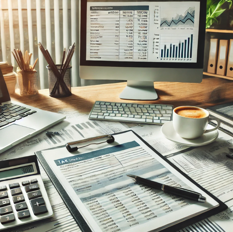 사무실 책상 위에 정리된 서류와 세금 계산 화면&amp;#44; 금융 계획을 세우는 모습