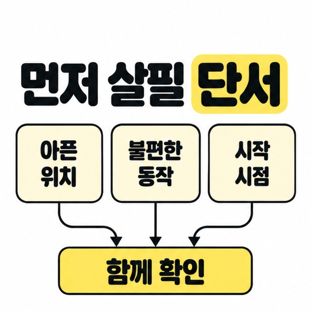 아픈 위치, 불편한 동작, 시작 시점의 세 단서를 함께 확인 문구로 화살표를 모아 보여주는 이미지