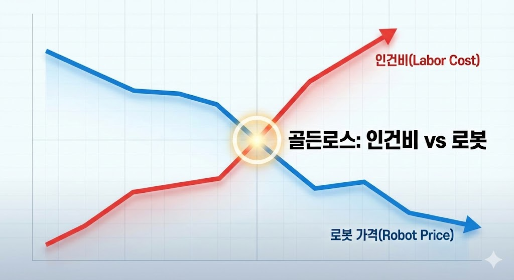 인건비 상승 곡선과 로봇 가격 하락 곡선이 X자로 교차하는 차트 이미지