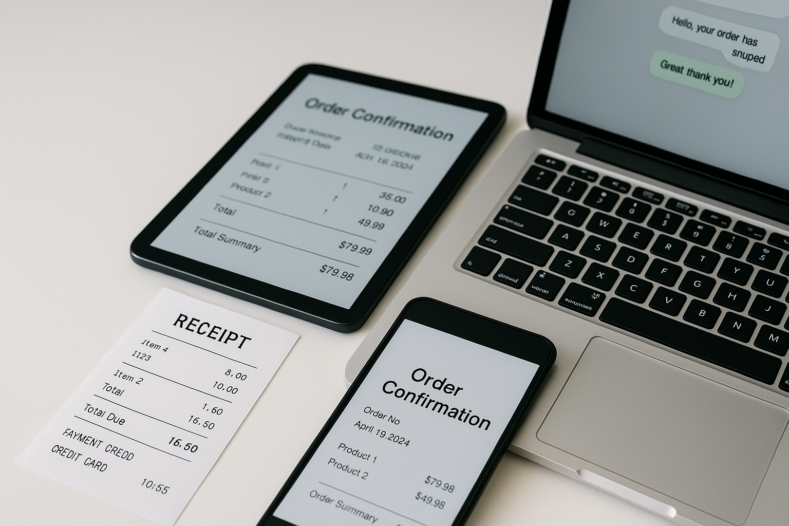 종이 영수증과 태블릿의 주문확인 화면, 노트북의 대화 이력을 함께 정돈한 모습(증빙 3종)