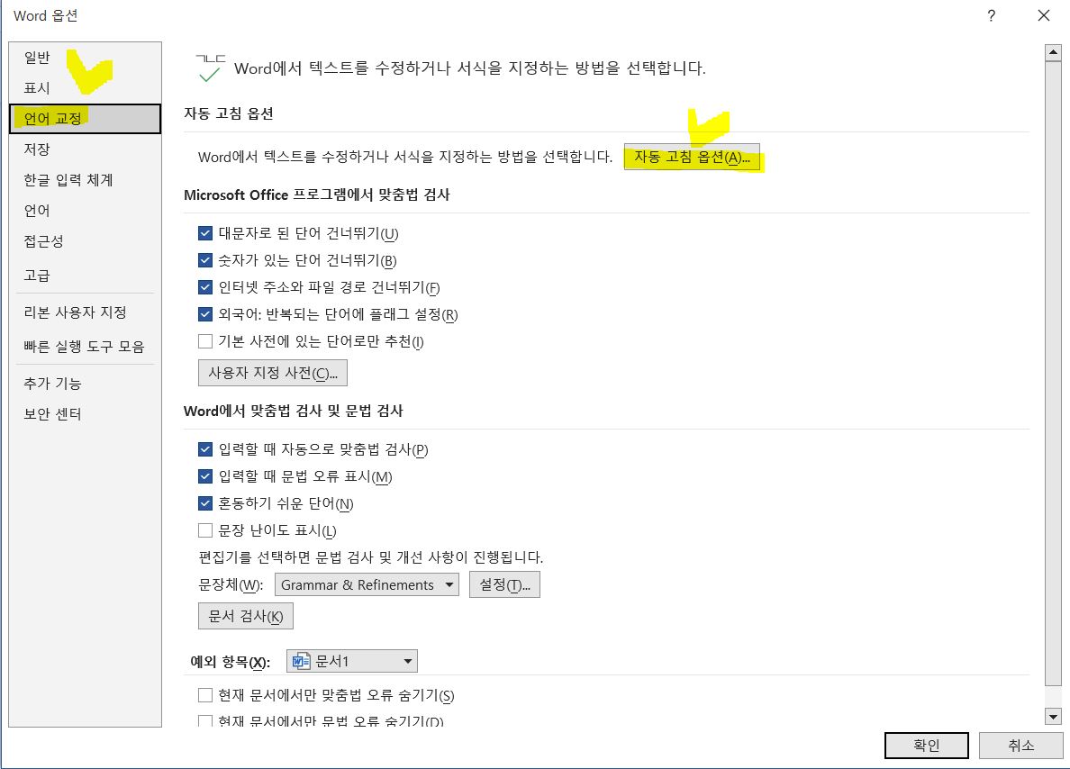 워드 [옵션] 화면