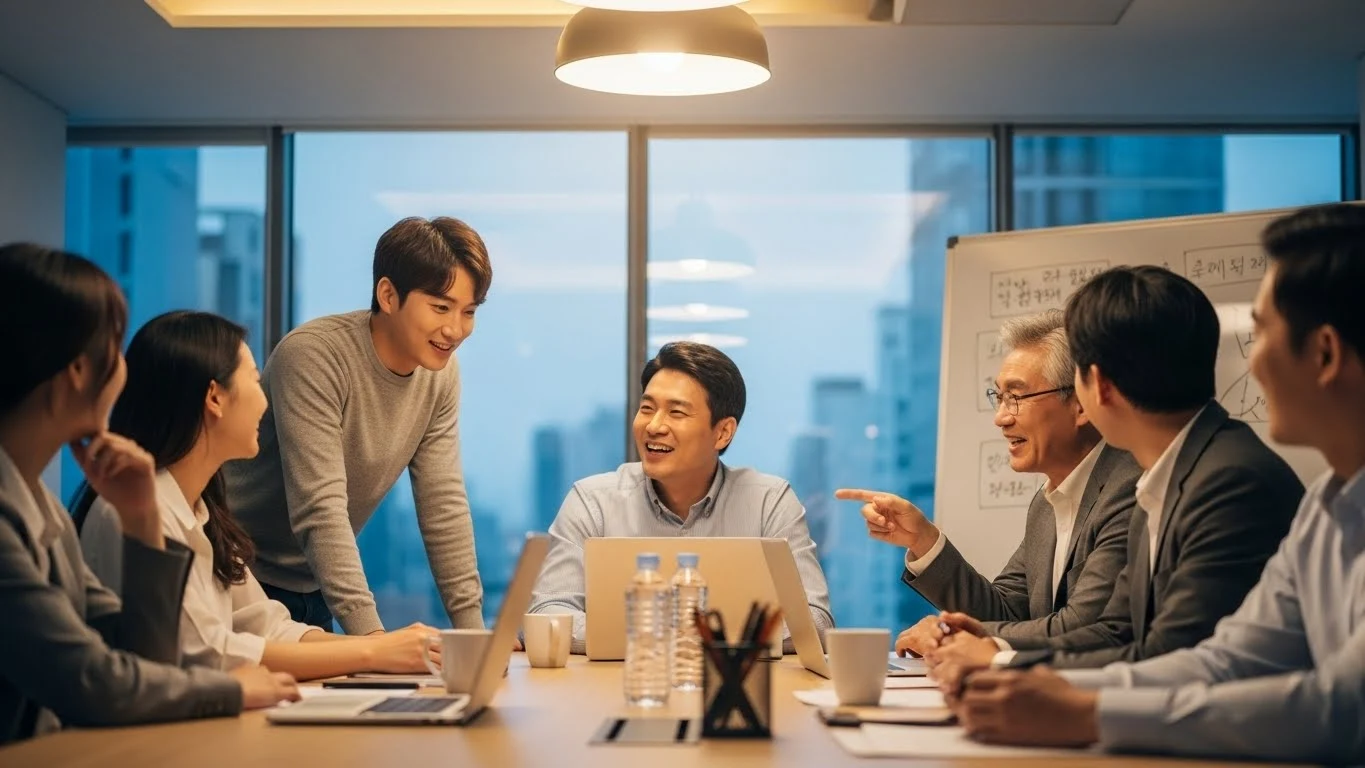 회의실에서 직장 동료와 상사 간 자연스럽게 대화하는 장면
