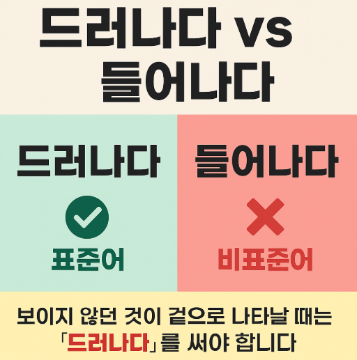 드러나다 들어나다 보이지 않던 것이 겉으로 나타날 때는 '드러나다'를 써야 합니다 라고 표현의 정확한 쓰임을 시각적으로 강하게 각인시키는 썸네일