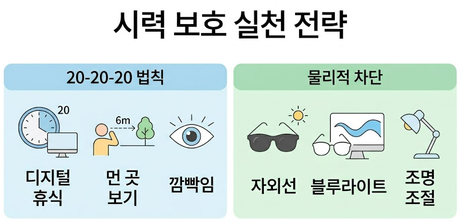 시력 보호 실천 전략을 담은 인포그래픽입니다. 20-20-20 법칙인 디지털 휴식과 먼 곳 보기, 깜빡임을 설명하고 자외선&middot;블루라이트 차단 및 조명 조절의 중요성을 아이콘으로 나타내어 올바른 생활 습관을 직관적으로 전달합니다.