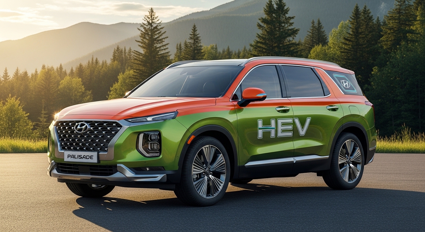 현대차 싼타페 팰리세이드 HEV 대형 SUV 하이브리드 미국 북미 그린오렌지