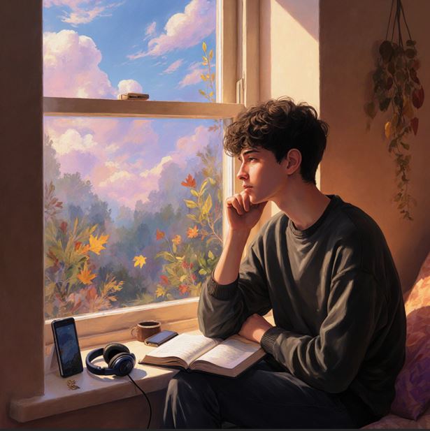 창가에 앉아 생각에 잠긴 청소년의 모습