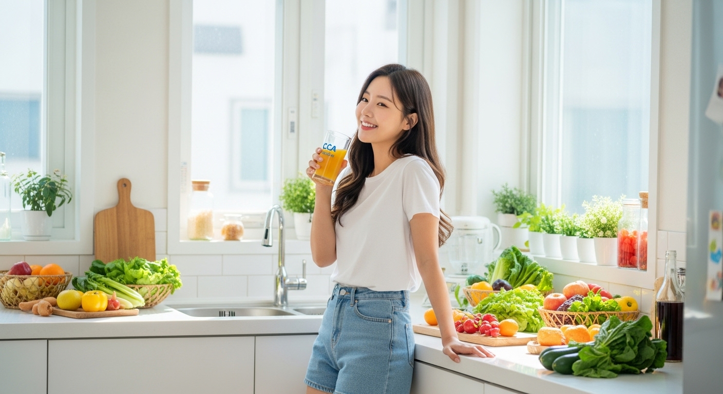 밝은 부엌에서 한 잔의 주스를 마시는 젊은 여성