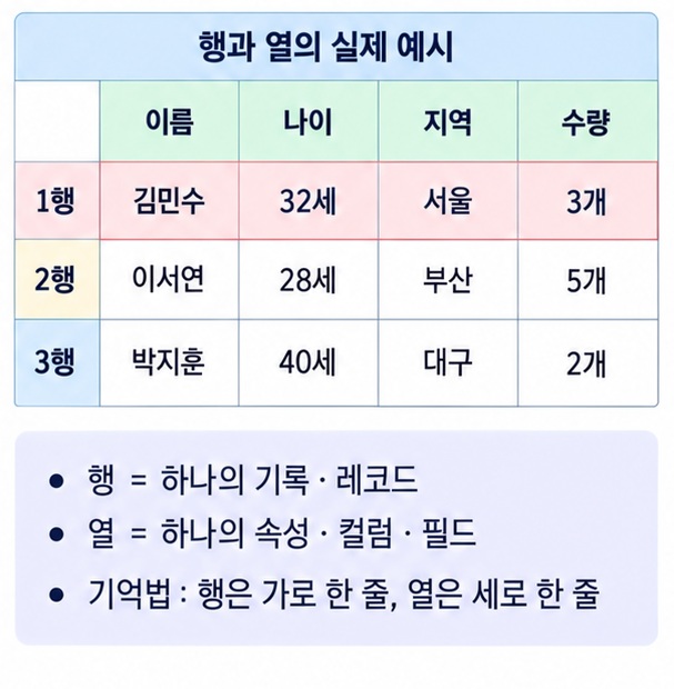 행은 하나의 기록 열은 하나의 속성이라는 데이터 표 구조를 보여주는 이미지