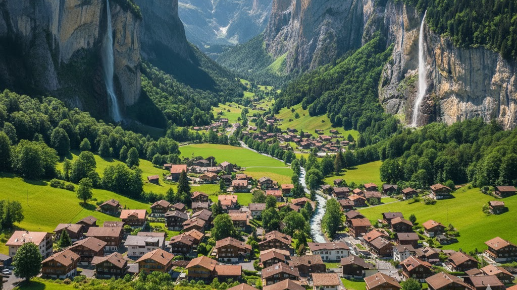 스위스 라우터브루넨 계곡 마을 전망과 초록 들판이 만드는 인생샷