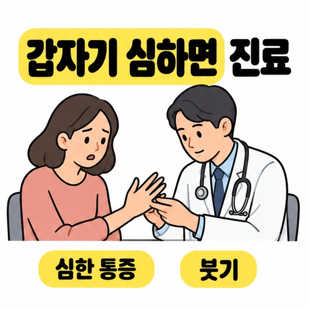갑작스러운 심한 통증과 붓기가 있을 때 환자가 손을 보여 주고 의료진이 살펴보는 진료 장면