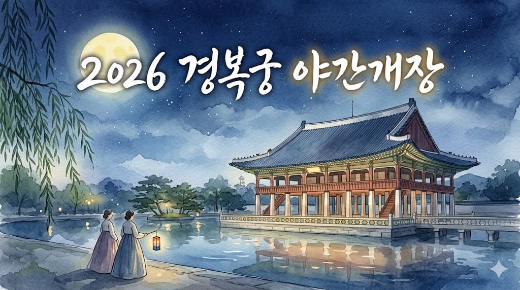 "2026 경복궁 야간개장 글씨가 적힌 고풍스러운 수채화 스타일의 블로그 썸네일. 보름달이 뜬 어두운 밤하늘 아래 조명이 켜진 경복궁 경회루와 연못, 그리고 한복을 입고 청사초롱을 든 사람들이 연못가를 거니는 은은하고 낭만적인 풍경."