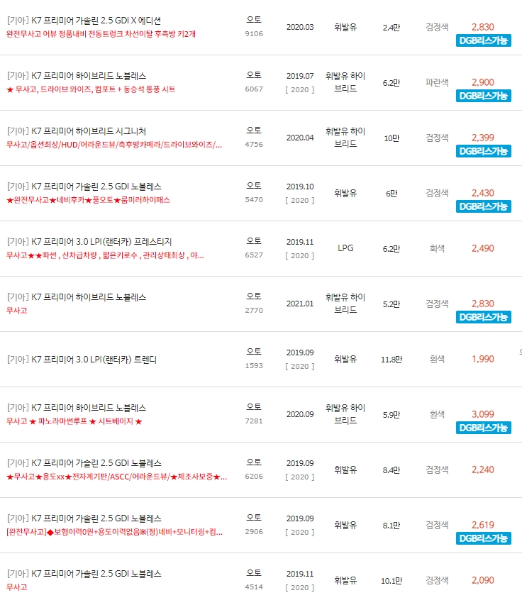 K7 프리미어 중고차 시세 : 1,360만원~3,530만원